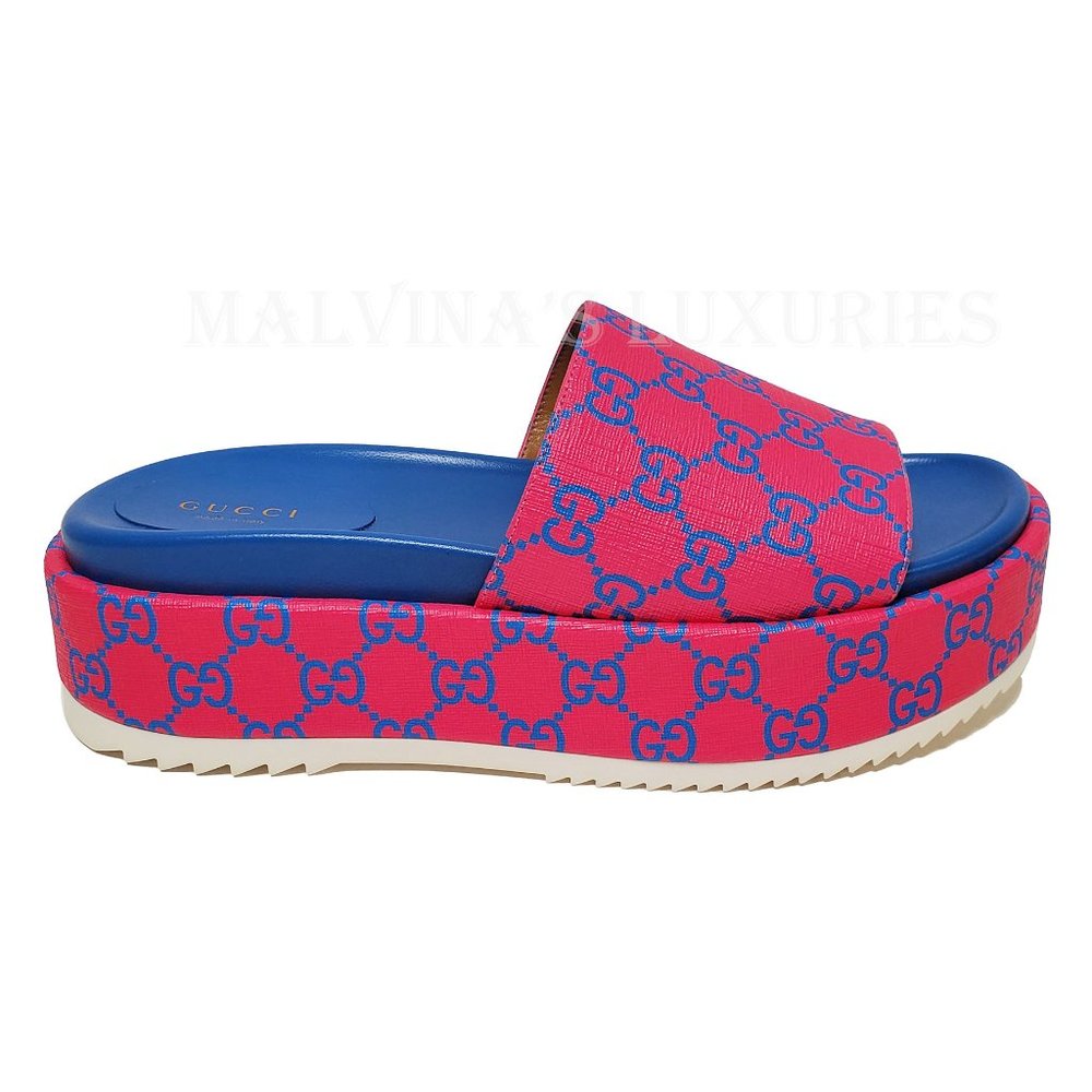 GUCCI SHOES GG SUPREME CANVAS JOY FUCHSIA PLATFORM SLIDE - Picture 6 of 15
